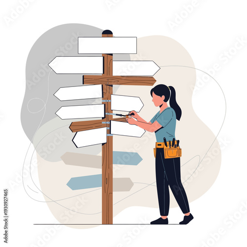 Woman Stands At A Crossroads Sign Choosing Her Next Direction In Life
