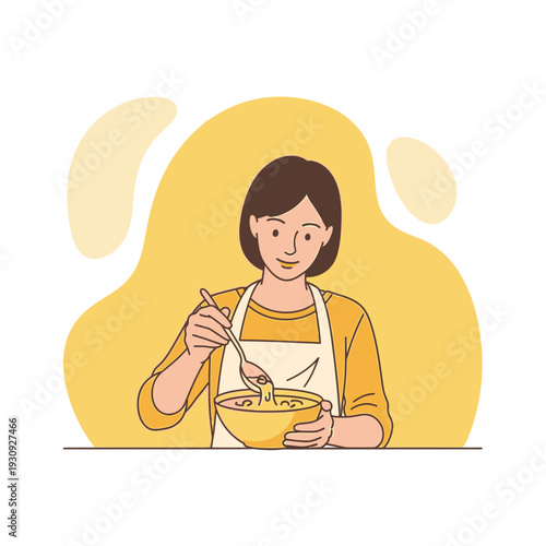 Woman Stirring Delicious Food In A Bowl With A Spoon Enjoying Cooking At Home