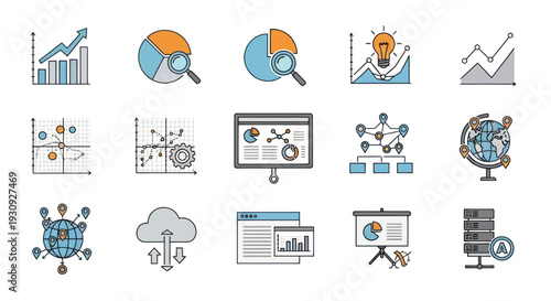 Hand-drawn data analysis and business intelligence icons set with charts graphs and technology symbols.