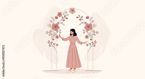 Woman Standing Under Floral Archway Elegant Ceremony Decoration