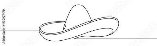 Continuous line drawing of a sombrero, a traditional Mexican hat, representing culture, celebration, and festive events.