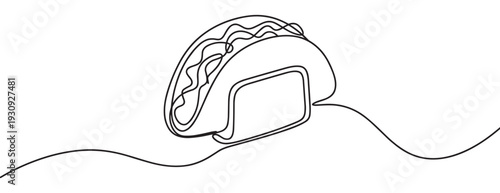 Taco fast food Mexican dish drawn in a continuous single line art style, representing quick meals and street food culture.