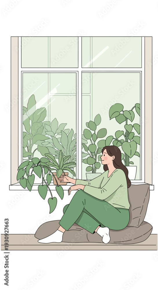 Fototapeta premium Woman Tending To Houseplants By A Sunny Window