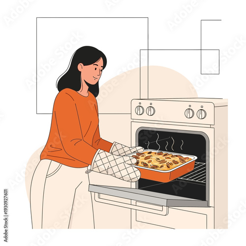 Woman Takes Delicious Baked Dish Out Of Oven Kitchen Scene