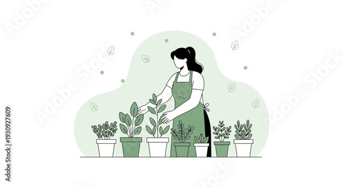 Woman Tend Her Plants, Caring And Cultivating In A Green And Serene Garden Setting
