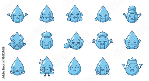 Collection of Crying Water Drop Emoticons with Various Expressions.