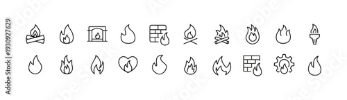 Collection of outline icons symbolizing fire, flames, and heat sources for various concepts