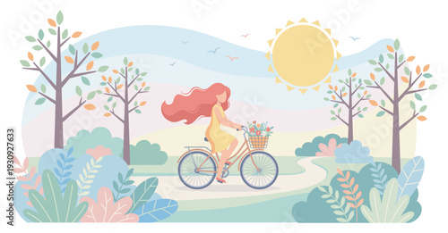 Young woman rides her bicycle with a basket of colorful flowers through a serene park on a beautiful sunny day.