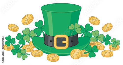 Green leprechaun hat with shamrocks and gold coins scattered around, symbolizing luck and prosperity for St. Patrick's Day festivities.