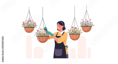 Woman Tending To Colorful Hanging Flower Baskets In A Garden Setting