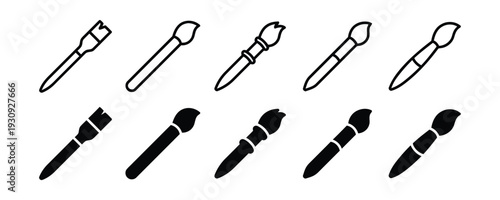 Collection of paint brushes in outline and silhouette styles for art