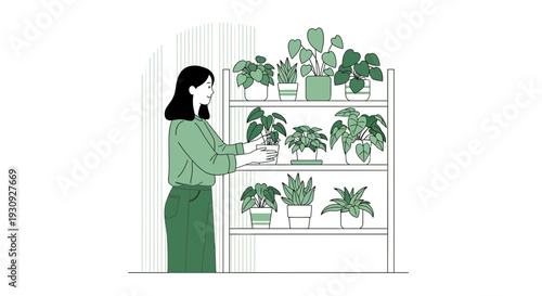 Woman Tending To A Vibrant Collection Of Indoor Houseplants On A Multi-Tiered Shelf