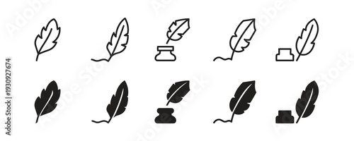 Collection of quill pen and inkwell icons in outline and silhouette styles for writing