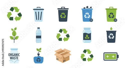 Collection of Colorful Recycling Icons and Waste Containers.