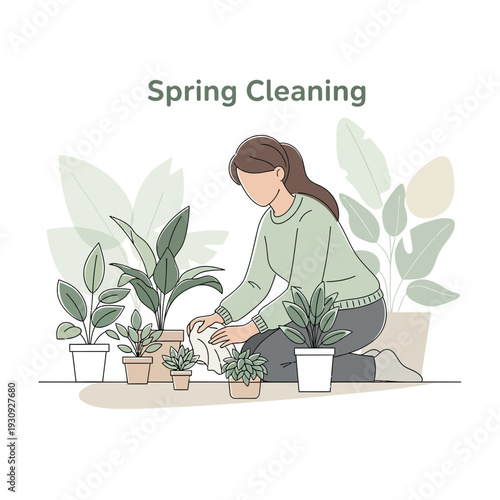 Woman Tending To Houseplants During Spring Cleaning Routine