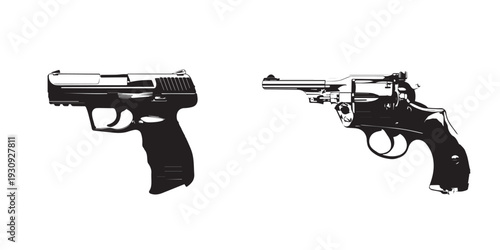 Dual handgun silhouettes crossed with classic and modern design.