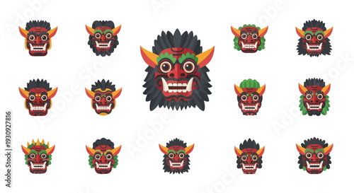 Set of traditional cultural demon masks with horns fangs and wide eyes.