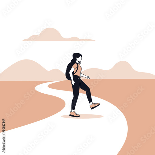 Woman Walking Along Scenic Trail Towards Distant Mountains