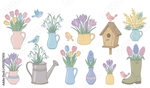 Spring illustrations featuring flowers and birds in a delightful collection of charming pastel drawings for seasonal themes.