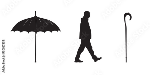 Walking man with umbrella and stick silhouette illustration.