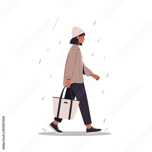 Woman Walking in Rain Carrying Tote Bag Casual Fashion Lifestyle