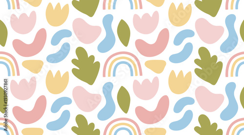 Abstract seamless pattern with organic shapes and rainbows in a modern pastel color palette, perfect for textile design.