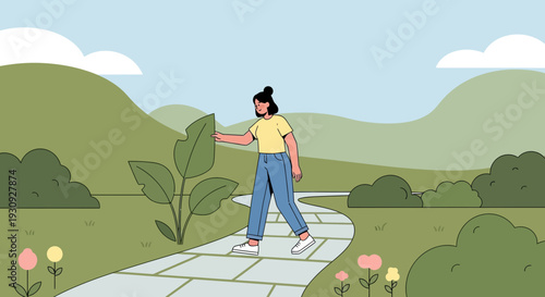 Woman Walking On A Paved Path Through Rolling Green Hills