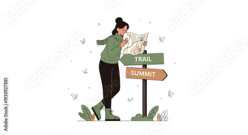 Woman With Map And Trail Signs On Outdoor Adventure Path