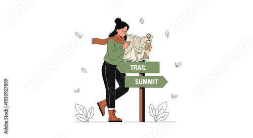 Woman With Map Consulting Signpost Decision Trail Or Summit