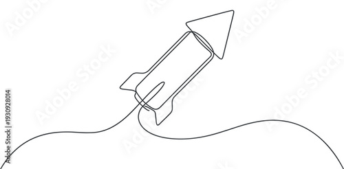 Continuous line drawing rocket flying upwards, symbolizing startup innovation, technological progress, and future exploration.