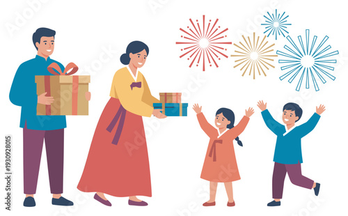 Korean family celebrates traditional holiday with gifts, fireworks, and joyful children dressed in colorful Hanbok.