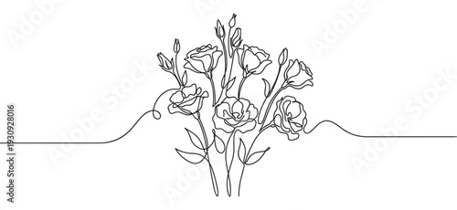 Continuous line drawing of a beautiful floral bouquet with delicate blossoms and buds creating an elegant design.
