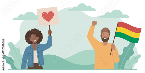 Two diverse people participate in a peaceful protest for love and unity, holding signs and flags to express their support and activism for social change.