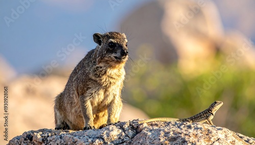 Bush hyrax & small lizard bask on sunlit rocks, against a blurred pale sky