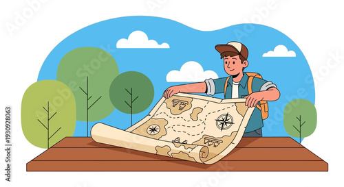 Young Adventurer Studying A Treasure Map In A Forest Setting