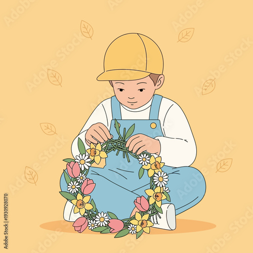Young Artisan Crafting Floral Wreath, Creative Leisure, Botanical Adornment, Artistic Endeavor