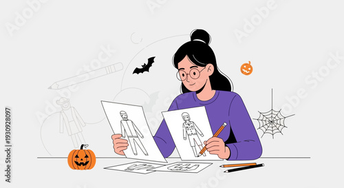 Young Artist Creating Halloween Costume Designs With A Pumpkin And Spooky Elements