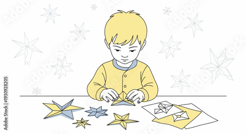 Young Boy Concentrates on Crafting Origami Stars on a Tabletop
