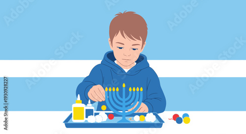 Young Boy Crafts A Blue Menorah With Craft Supplies For Hanukkah Celebration