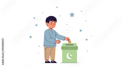 Young Boy Donating Coin to Charity Box Festive Islamic Theme