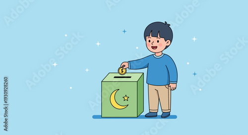 Young Boy Donating Coin To Charity Box With Islamic Symbol