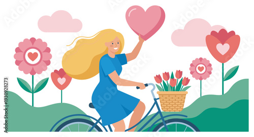 Blonde woman rides bicycle holding pink heart, joyfully cycling through a cheerful landscape filled with blooming flowers and green hills.