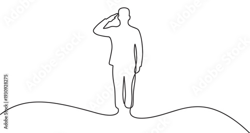 Person saluting continuous line drawing minimalist art style capturing a gesture of respect and honor in a simple, elegant graphic design.