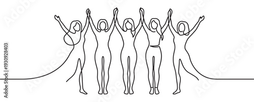 Six strong women standing together with raised arms in a continuous line art illustration symbolizing unity and female empowerment.