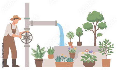 Farmer waters various potted plants using an irrigation pipe system, symbolizing care for nature and promoting sustainable gardening practices.