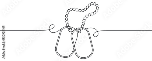Two military dog tags connected by a chain drawn in a continuous single line art style, symbolizing remembrance and service.