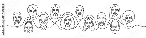 Diverse people faces connected by a continuous line drawing representing unity, diversity, and global human connection.