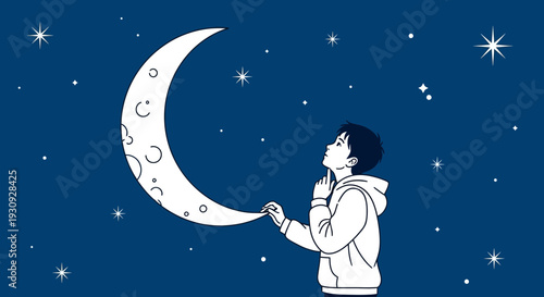 Young Boy Gazing At Crescent Moon And Stars In Night Sky