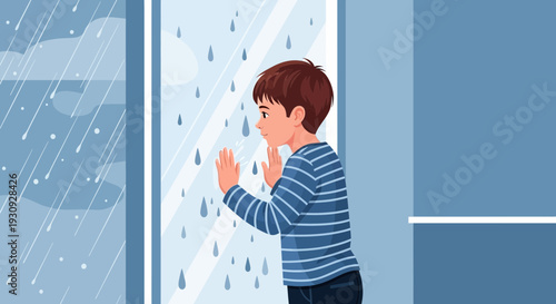 Young Boy Gazing Out Window At Falling Raindrops Creates Cozy Atmosphere