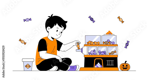 Young Boy Interacting With Candy Vending Machine During Halloween Season